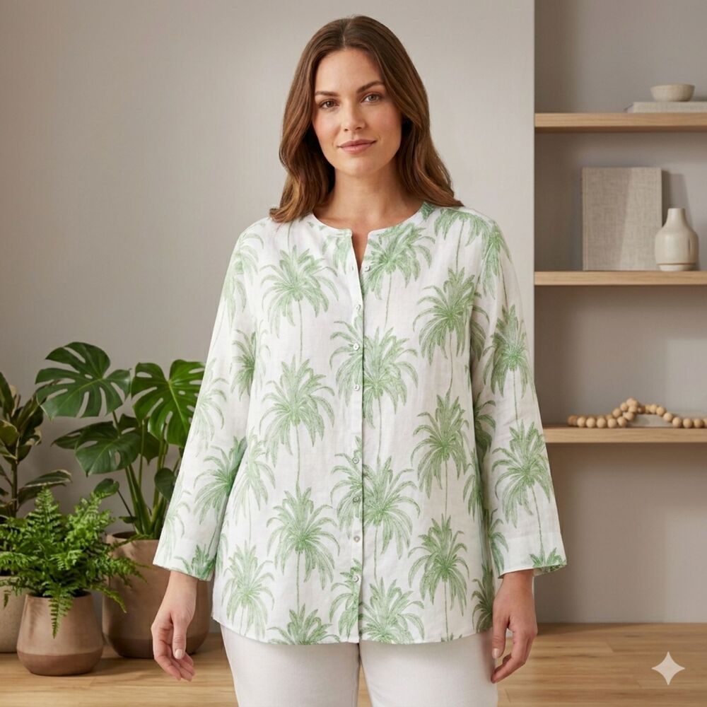 Tahari White and Green Palm-Print Button-Down Shirt